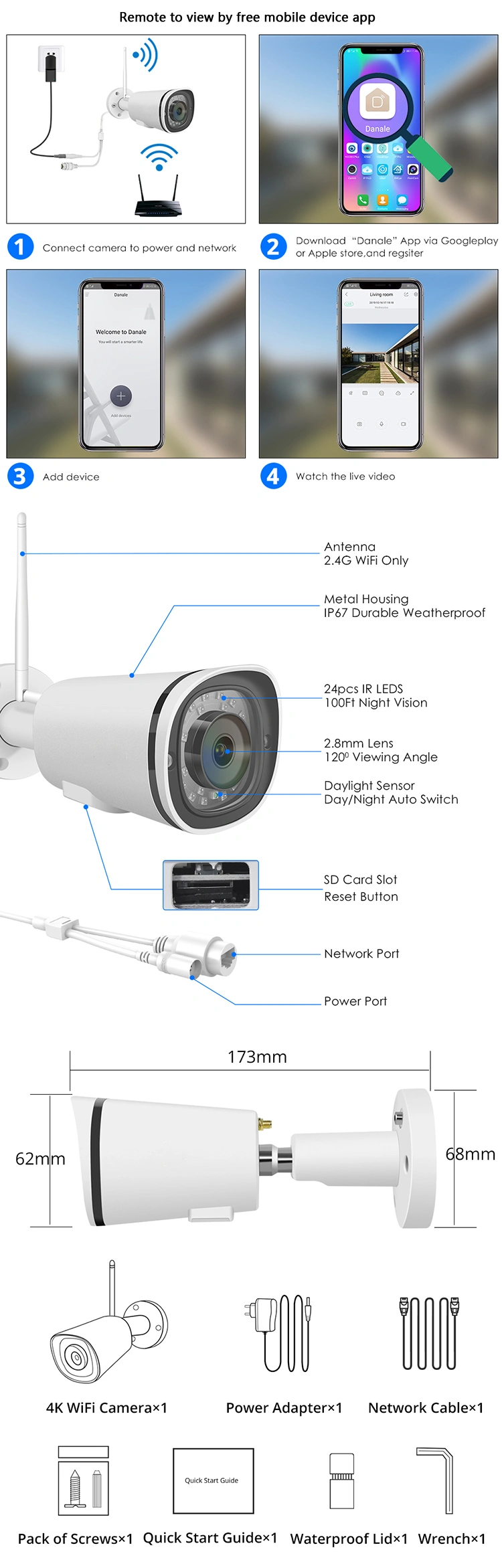 4K Wireless WiFi Camera Remote SD Card Slot Outdoor Waterproof 8MP 5MP 2MP Security CCTV IP Camera